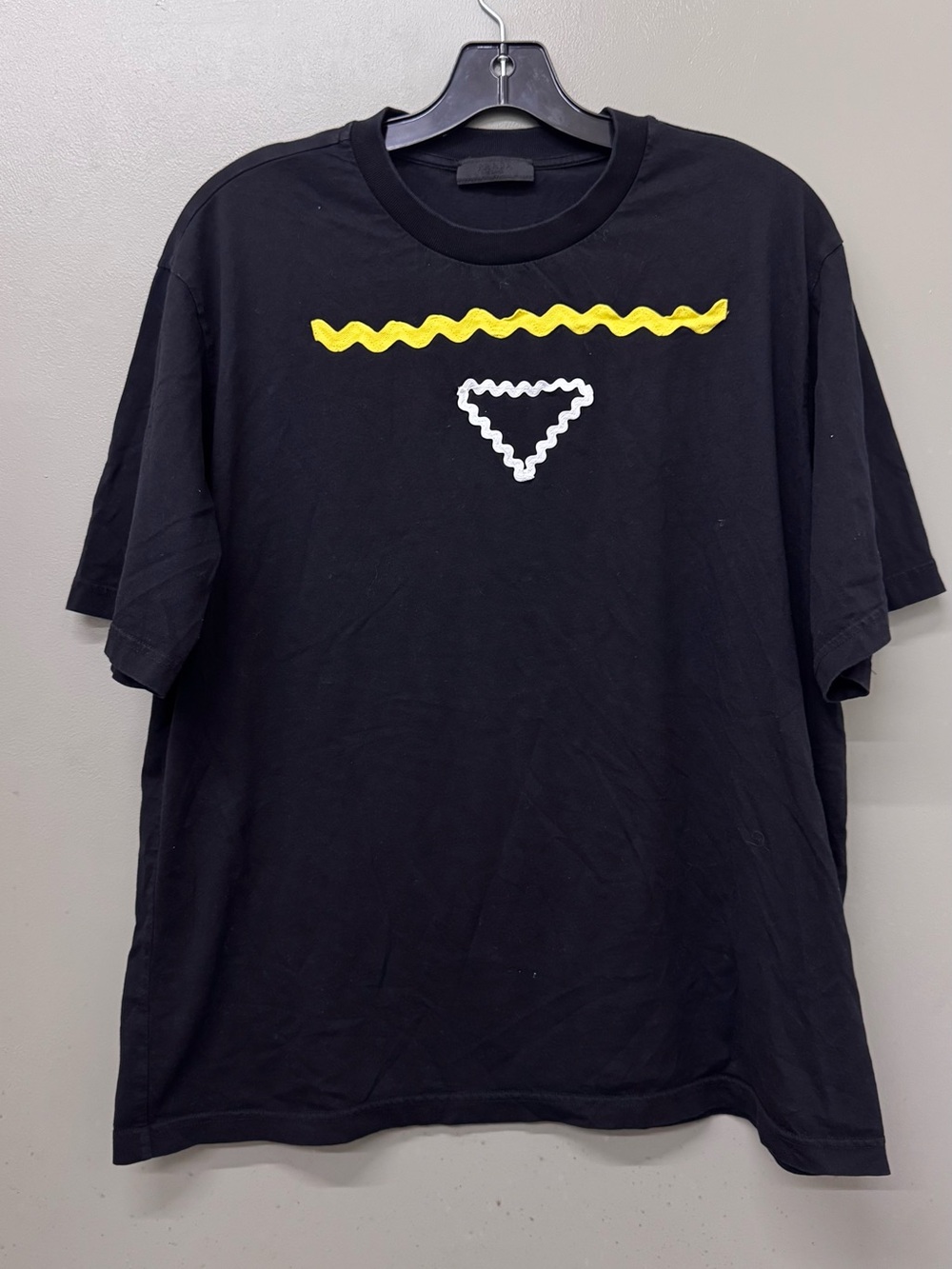 Prada Black Short-Sleeve Tee 2023 with Yellow zigzag & White Triangle Men size L